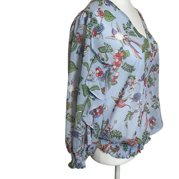 Nanette Lepore Blue Floral Bird Sheer Blouse Large Business Casual Elastic Waist - Picture 3 of 10